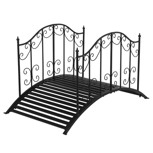 VINGLI Garden Bridge Metal Yard Arch Path Bridge with Patterned Guardrails, Ourdoor Decorative Black Iron Foot Bridge for Pond and Backyard Landscaping-4FT