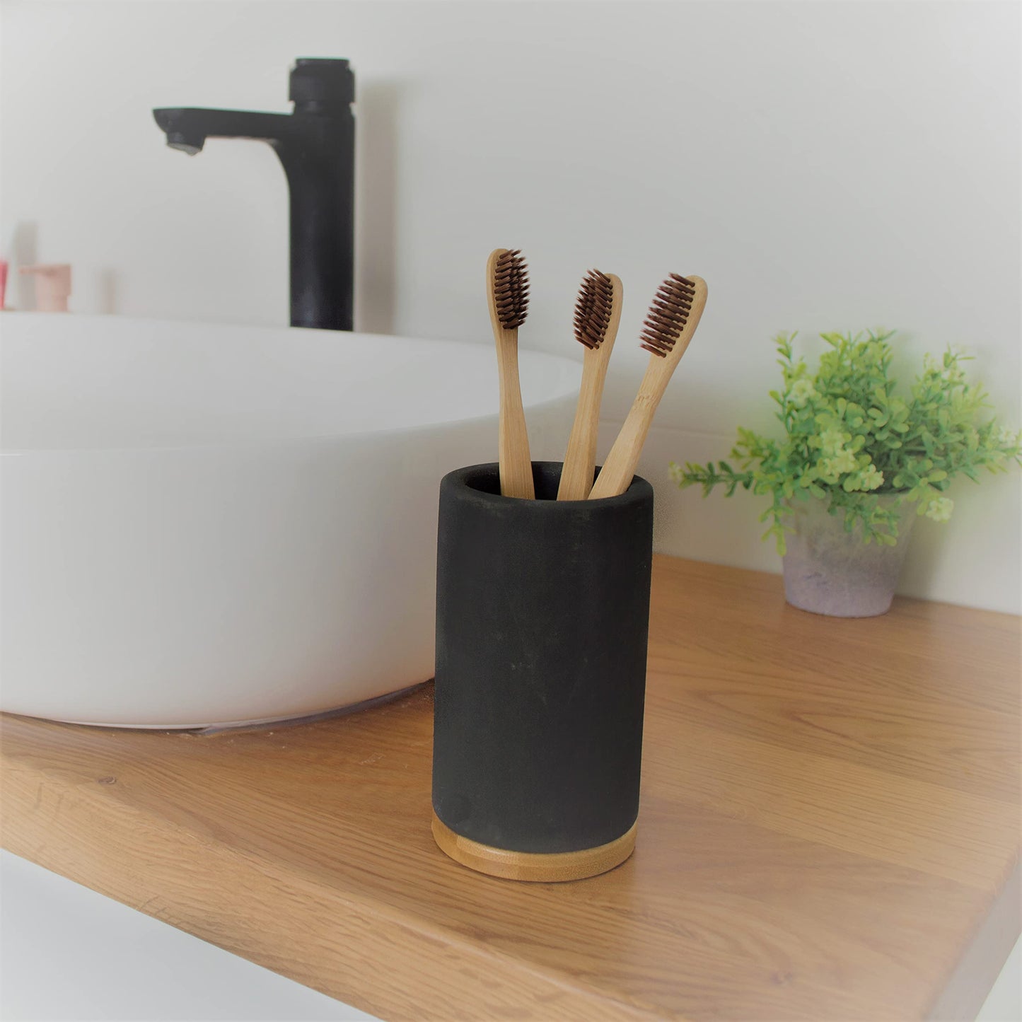 Matani Bamboo Toothbrush Holder Diatomite Tooth Brush Organizer - Storage Stand for Small Bathroom & Counter - Removable Base & Drain Holes, Water-Absorbent & Quick-Drying (Light Grey)