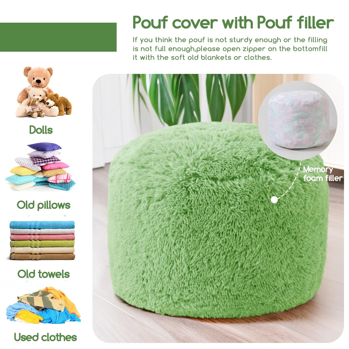 HIGOGOGO Round Stuffed Pouf Ottoman, Long Faux Fur Poufs with Foam Chunk Filling, Fluffy and Furry Pouf Foot Stool Storage Ottoman, 26 X 18 Floor Poufs Foot Rest for Living Room, Green