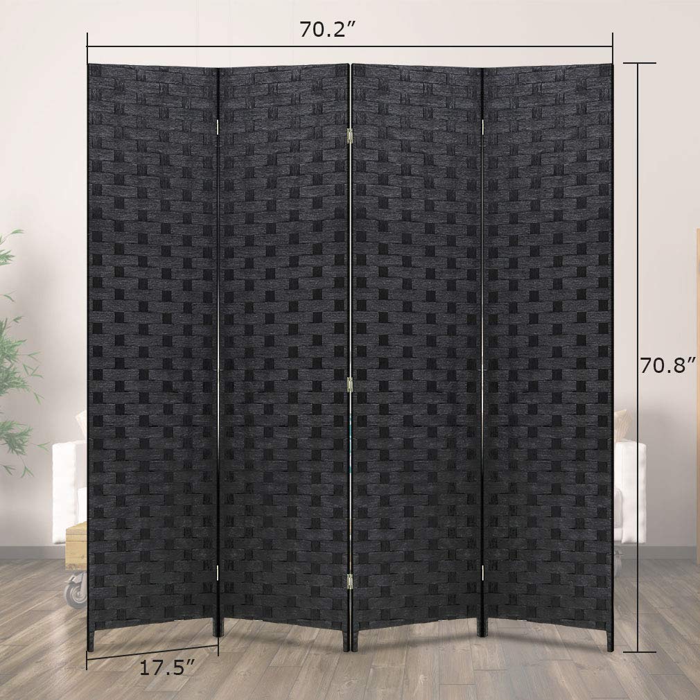 Room Divider 6FT Wall Divider Wood Screen 4 Panels Wood Mesh Hand-Woven Design Room Screen Divider Indoor Folding Portable Partition Screen,Black