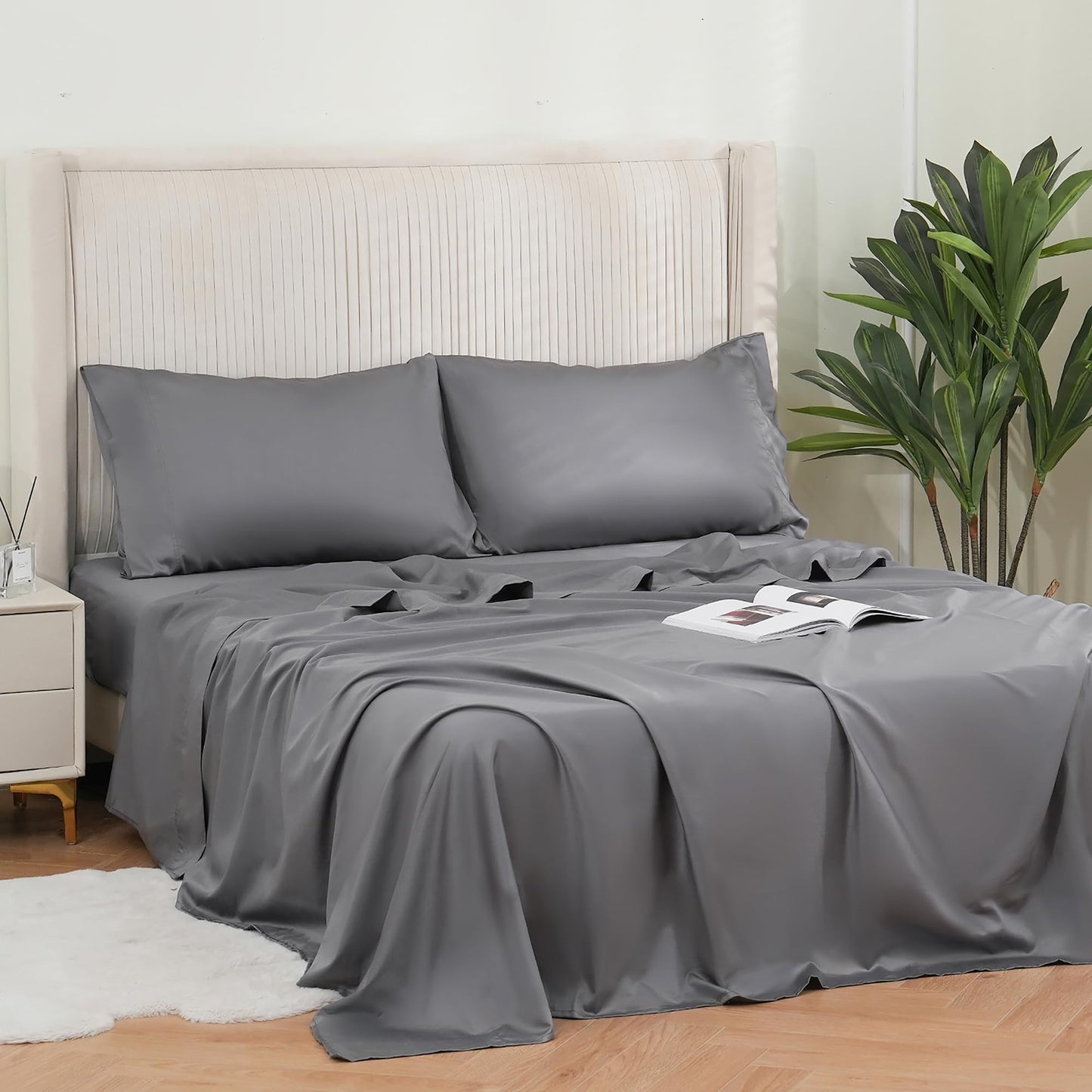 DOWNCOOL Twin Sheets Set Grey - 100% Cotton Sheets, 400 Thread Count Sateen Twin Bed Sheets with 16" Deep Pocket, 3-Piece Soft Breathable Cooling Hotel Luxury Bedding Sheets & Pillowcases