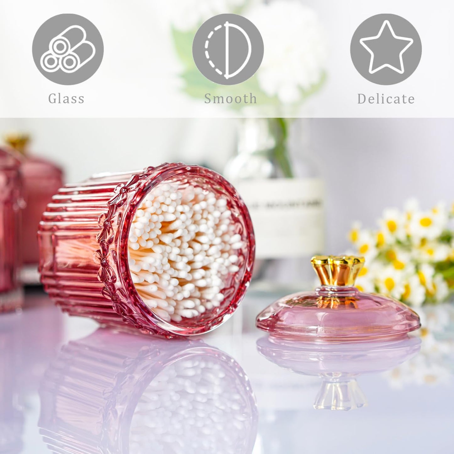 KANPURA Decorative Glass Jars with Lids,Crystal Apothecary Jars,Crystal Candy Jar,Glass Storage Bathroom Pink Jar Wedding Decor Gift for Women Mother,Wife