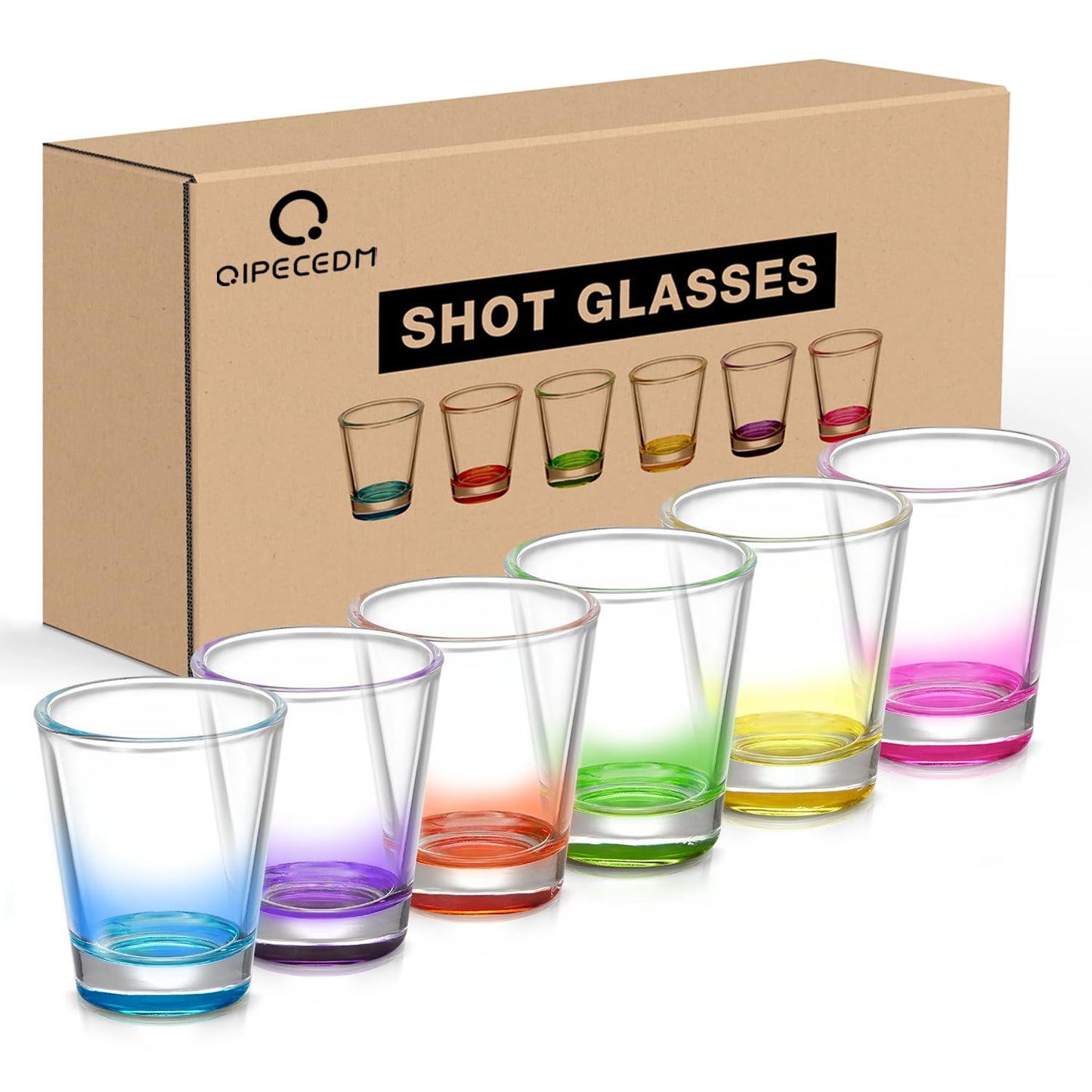 Qipecedm 6 Pack Heavy Base Shot Glasses Set, 1.6 oz Colorful Shot Glasses Bulk, Clear Shot Glass, Tequila Cups Small Glass, Shot Glasses for Whiskey, Tequila, Vodka, Spirits & Liquors