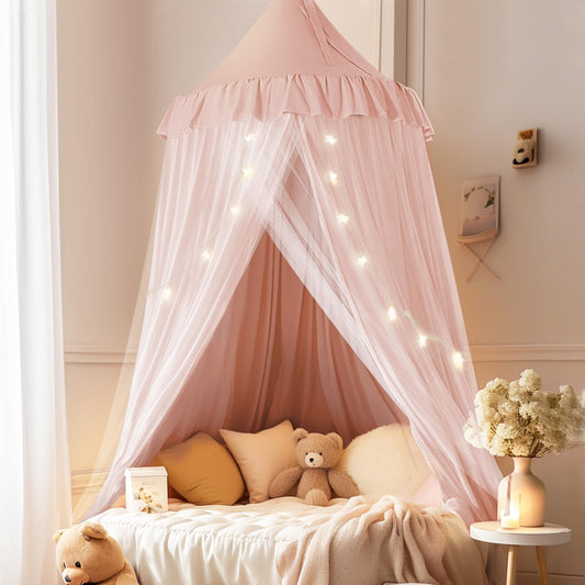 little dove Bed Canopy with Star Lights, Double Layer Canopy for Bed, Princess Play Tent for Girls Room, Breathable Canopy Bed Curtain for Children Reading Nook, Machine Washable Canopy, 25.6''x106''