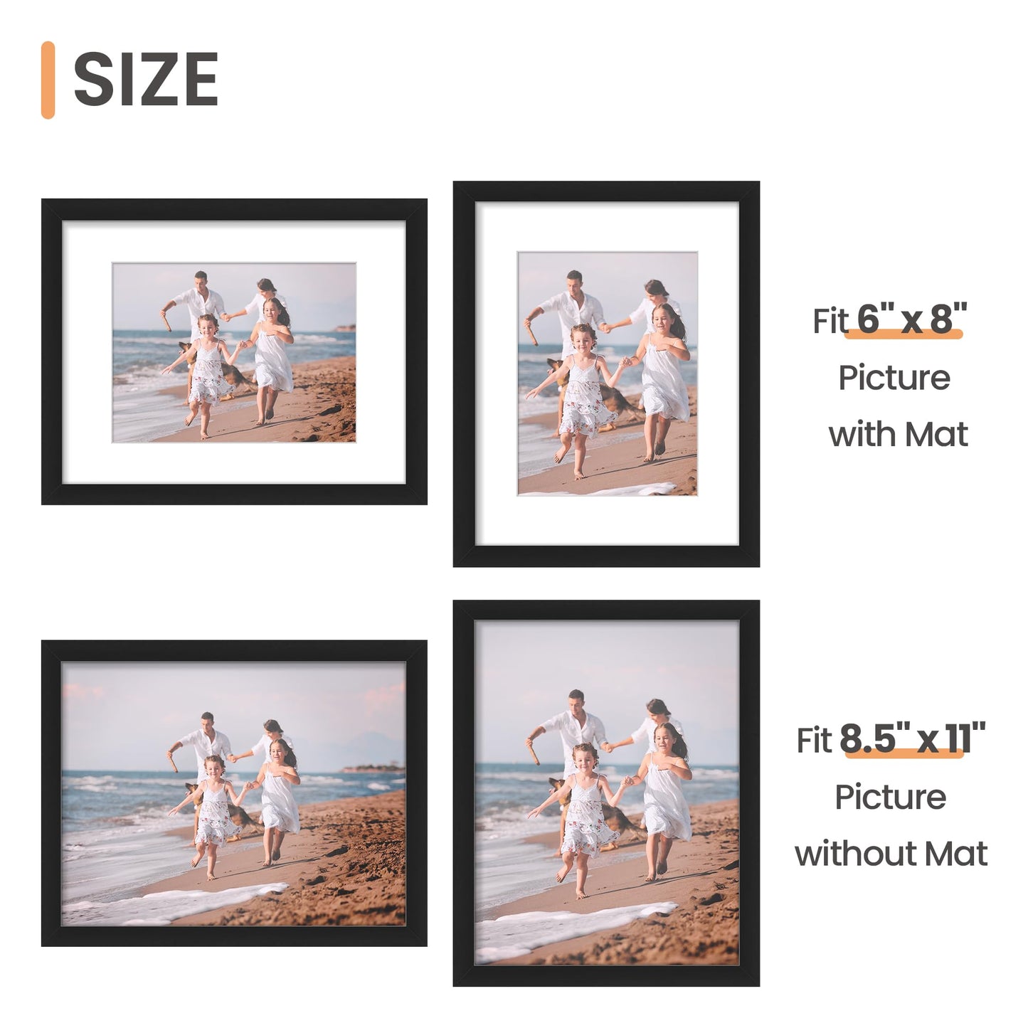 upsimples 8.5x11 Picture Frame Set of 10, Display Pictures 6x8 with Mat or 8.5x11 Without Mat, Multi Photo Frames Collage for Wall or Tabletop Display, Black