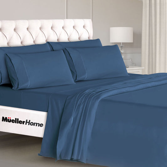 Mueller Luxury 6 PC Full Size Bed Sheets, Super Soft 1800, Deep Pocket up to 16" Full Size Sheets, Transfers Heat, Breathes Better, Hypoallergenic, Wrinkle-Resistant, Oeko-TEX, Navy