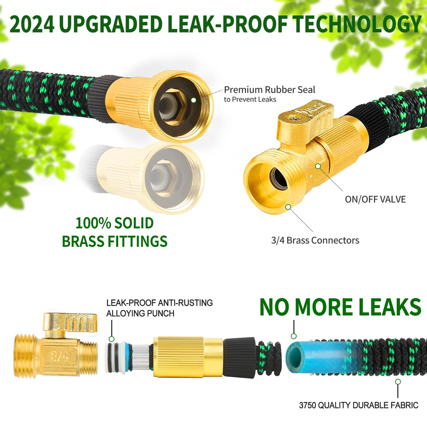 100 ft Expandable Garden Hose - All New 2024 Retractable Water Hoses with 3/4" Solid Brass Fitting, Extra Strength Fabric - Flexible Expanding Hose with 10 Pattern Spray Nozzle