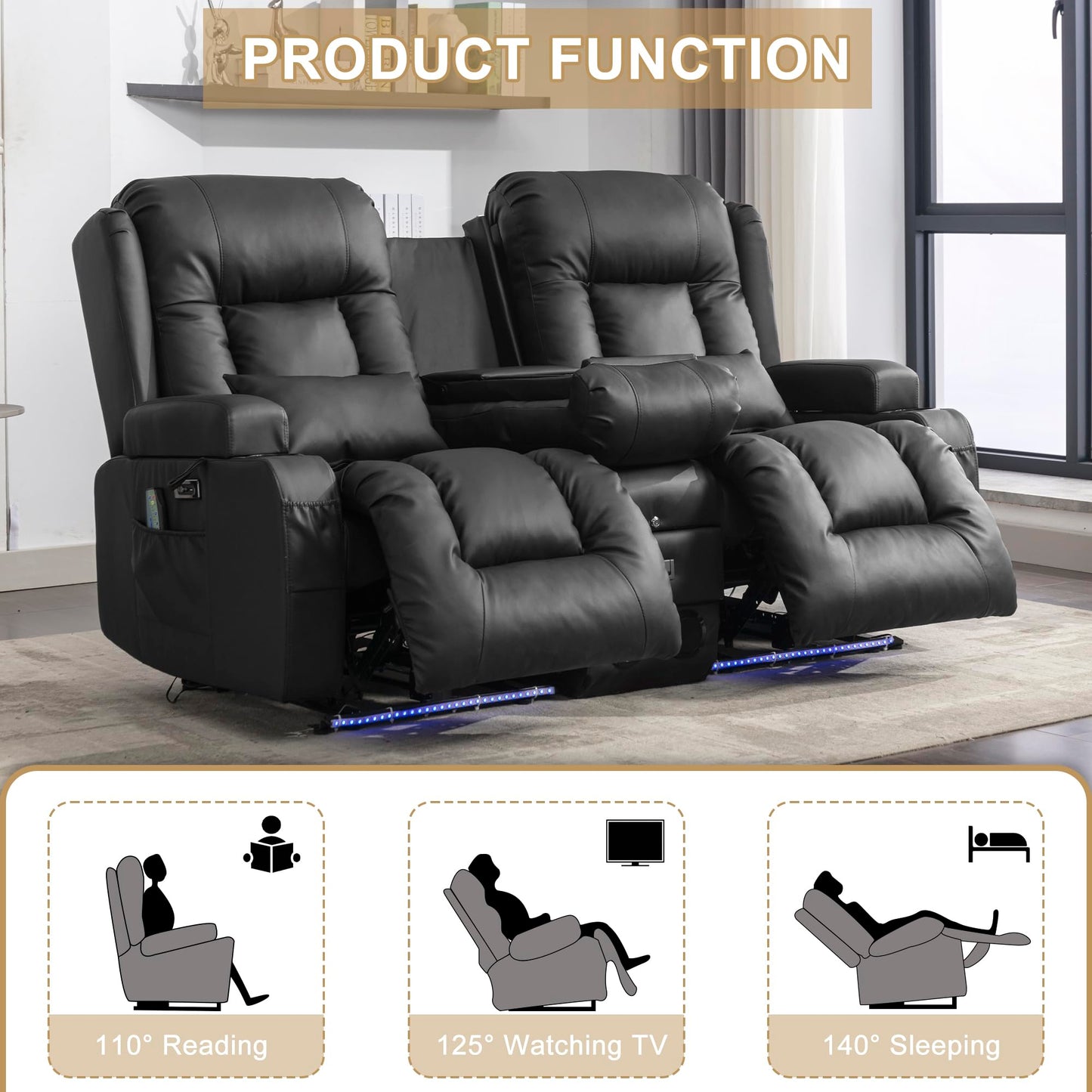 URRED Power Loveseat Recliner Sofa, Faux Leather Home Theater Seating with LED Ambient Light, Double Recliner RV Sofa with Flipped Middle Backrest/Bluetooth Speakers/USB/Built-in Outlets, Black