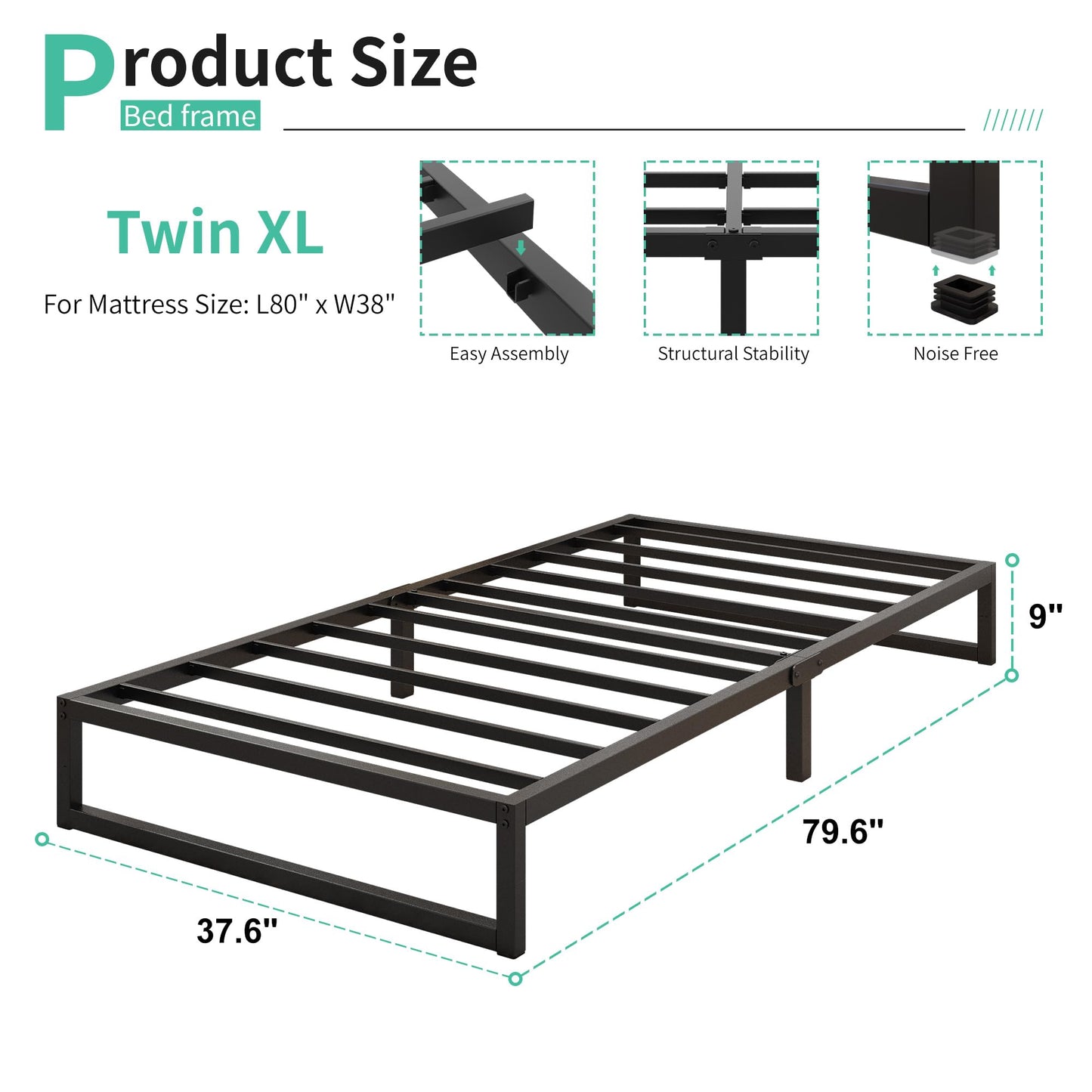 Lutown-Teen 9 Inch Twin XL Bed Frames Heavy Duty Sturdy Metal Platform Bed Frame No Box Spring Needed, Noise Free, Easy Assembly, Black