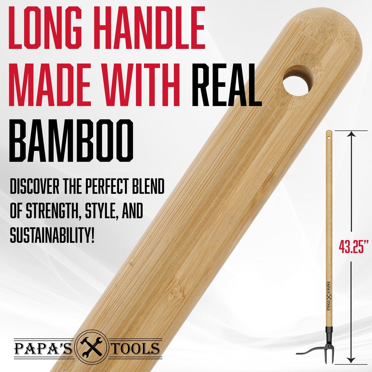 Papa's Tools Weeder - Stand Up Weed Puller Tool Made with Long Wooden Handle - Real Bamboo & 4-Claw Steel Head - Easily Remove Weeds Effortlessly Without The Need to Tug, Bend, Or Flex,