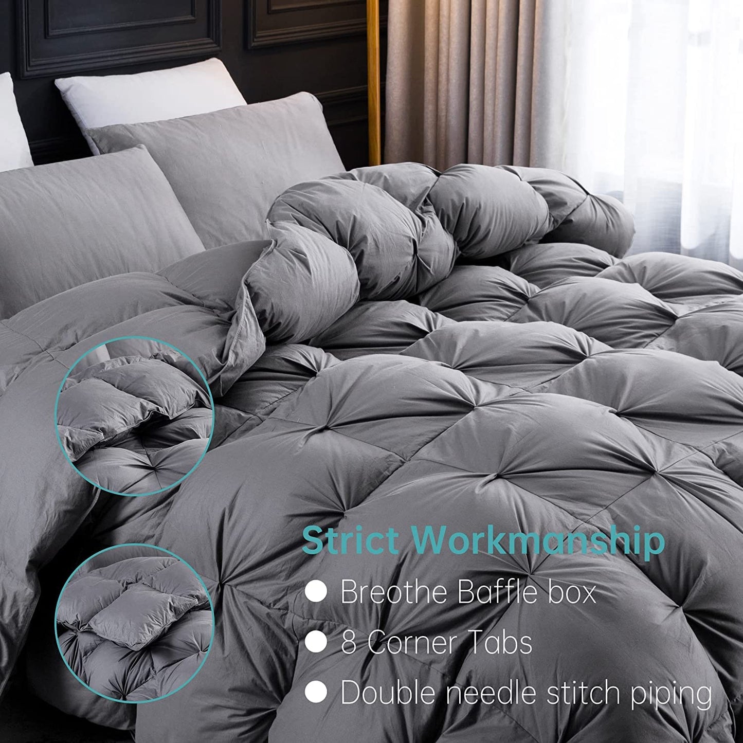 Three Geese Pinch Pleat Feathers Down Comforter King Size Duvet Insert,750+ Fill Power,1200TC 100% Cotton Fabric,All Seasons Premium Grey Down Comforter with 8 Tabs