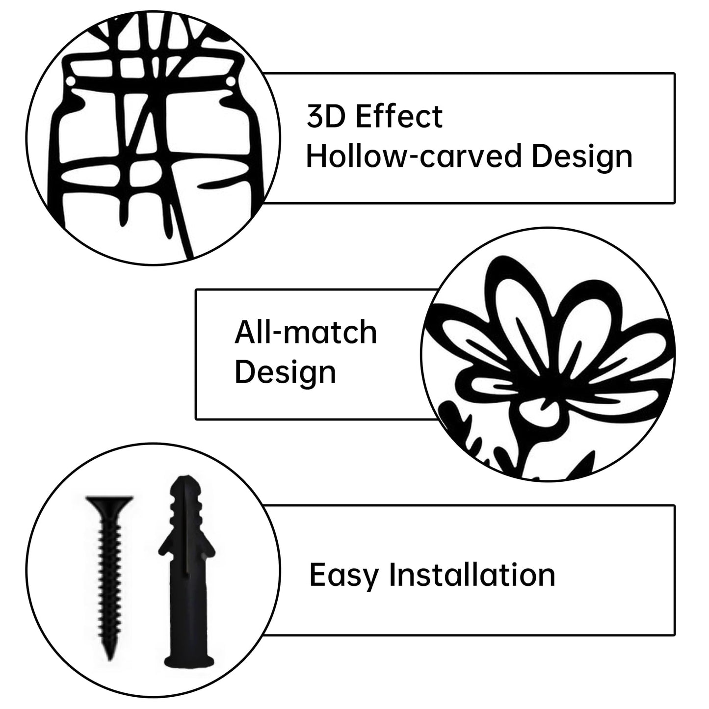 TOPPORTED Metal Flower Wall Decor 3 Pieces Black Metal Vase Wall Art Metal Wall Sculptures Hanging for Indoor Kitchen Bathroom Bedroom,Living Room,14.56 x 5.9 inches