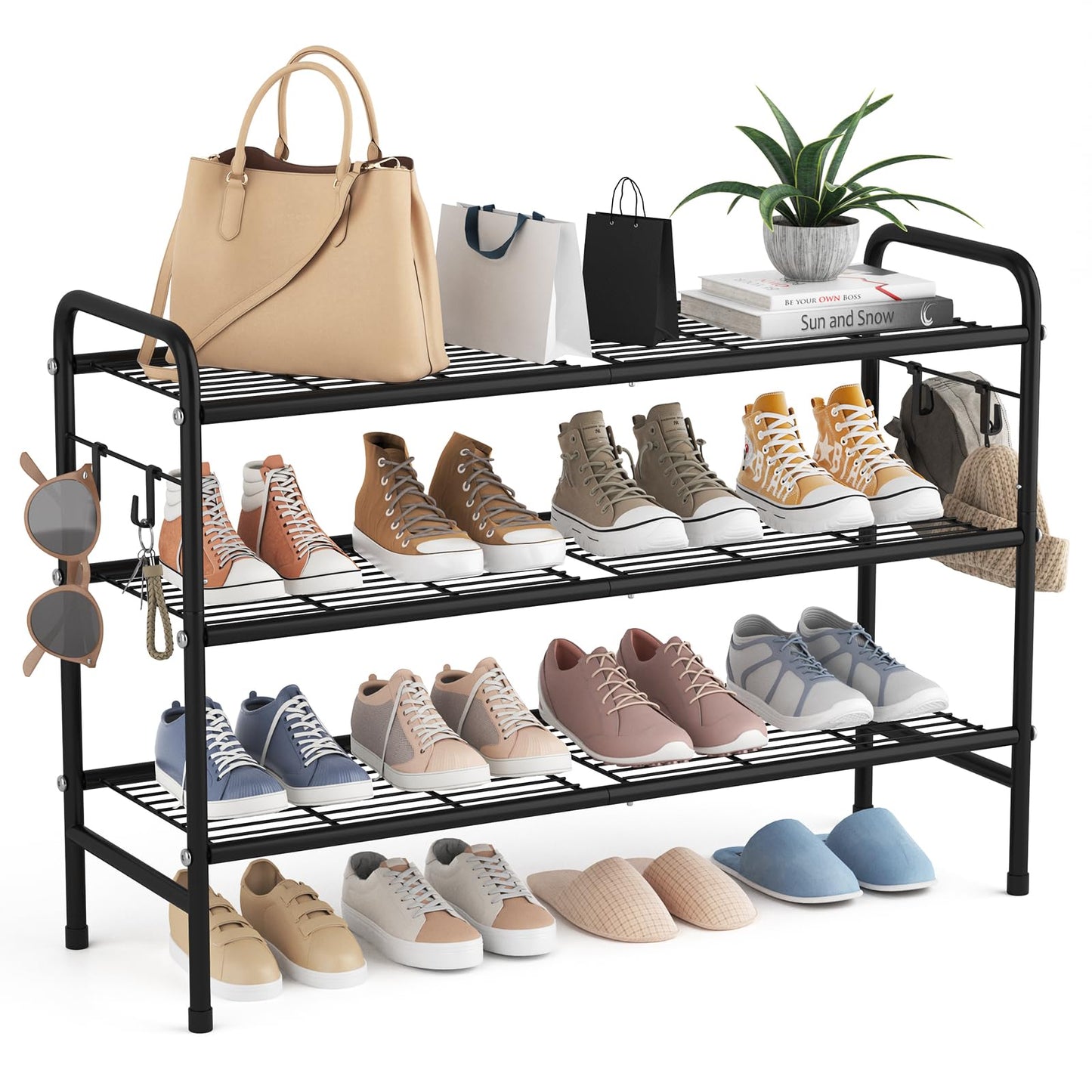 VILICK 3 Tier Shoe Rack 33" Wide Metal Shoe Organizer Long Shoe Storage with 4 Side Hooks Sturdy Shoes Shelf for Front Door Entrance, Closet, Garage, Dorm, Black