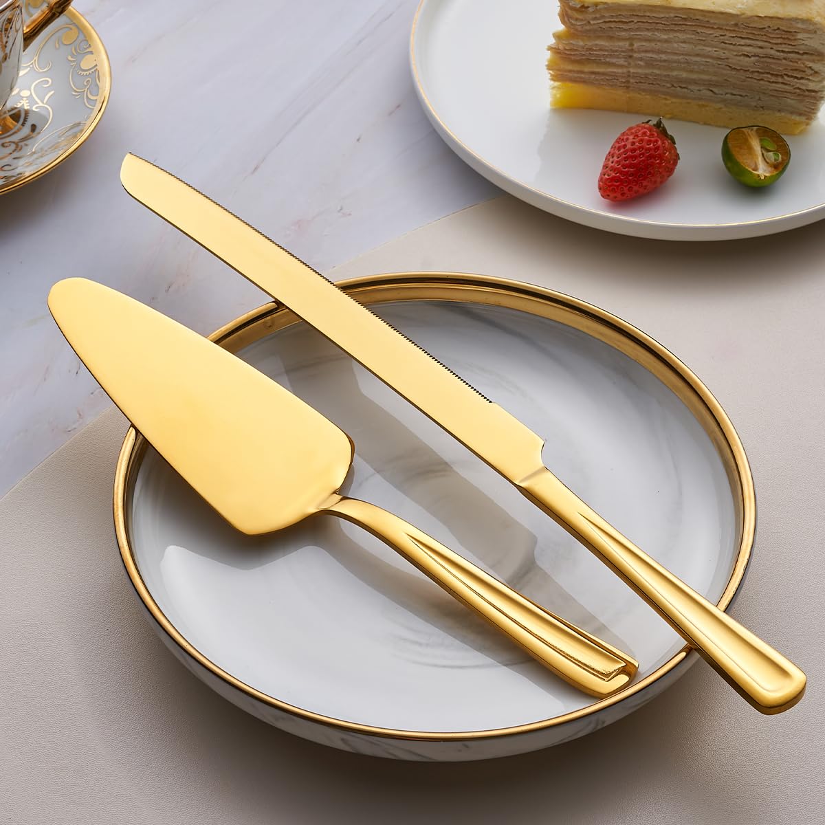 GoGeiLi Gold Cake Knife and Server Set, 13-inch Stainless Steel Cake Cutting Set, Elegant Cake Cutter Set for Wedding, Birthday, Parties, Anniversary