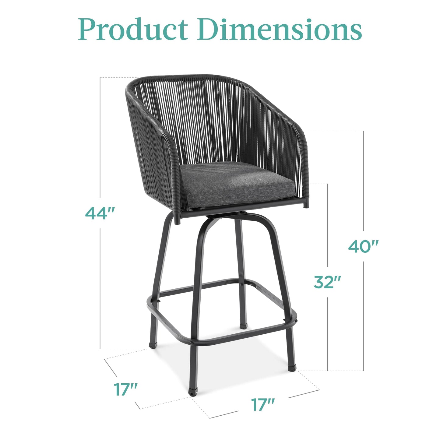 Best Choice Products Set of 2 Woven Wicker Swivel Bar Stools, Patio Bar Height Chair for Backyard, Pool, Garden, Deck w/ 360 Rotation, 250lb Capacity - Black/Gray