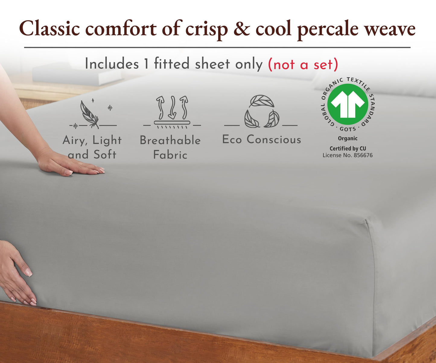 California Design Den 100% Organic Cotton Twin XL Fitted Sheet Only, Percale, Deep Pocket Twin XL Bed Fitted Sheet, GOTS Certified, Lightweight, Snug-Fit, Crisp, 1 Pc Twin XL Fitted Sheet (Light Gray)