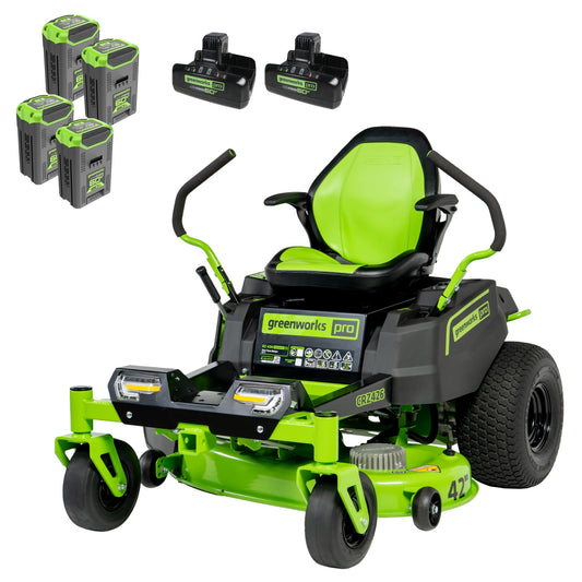 Greenworks 60V 42” Cordless Electric CrossoverZ Zero Turn Riding Mower, (4) 8.0Ah Batteries and (2) Dual Port Turbo Chargers