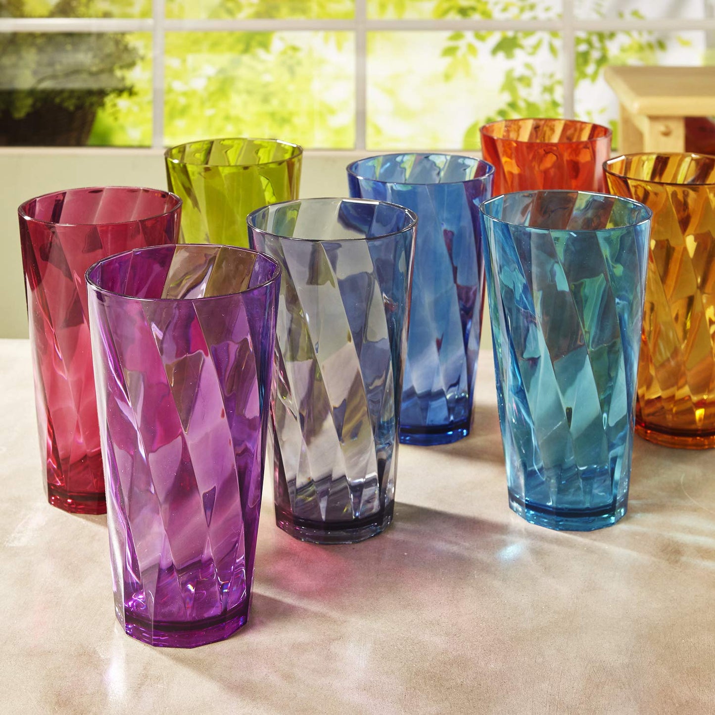 US Acrylic Optix Plastic Reusable Drinking Glasses (Set of 8) 20oz Water Cups in Jewel Tone Colors | BPA-Free Tumblers, Made in USA | Top-Rack Dishwasher Safe