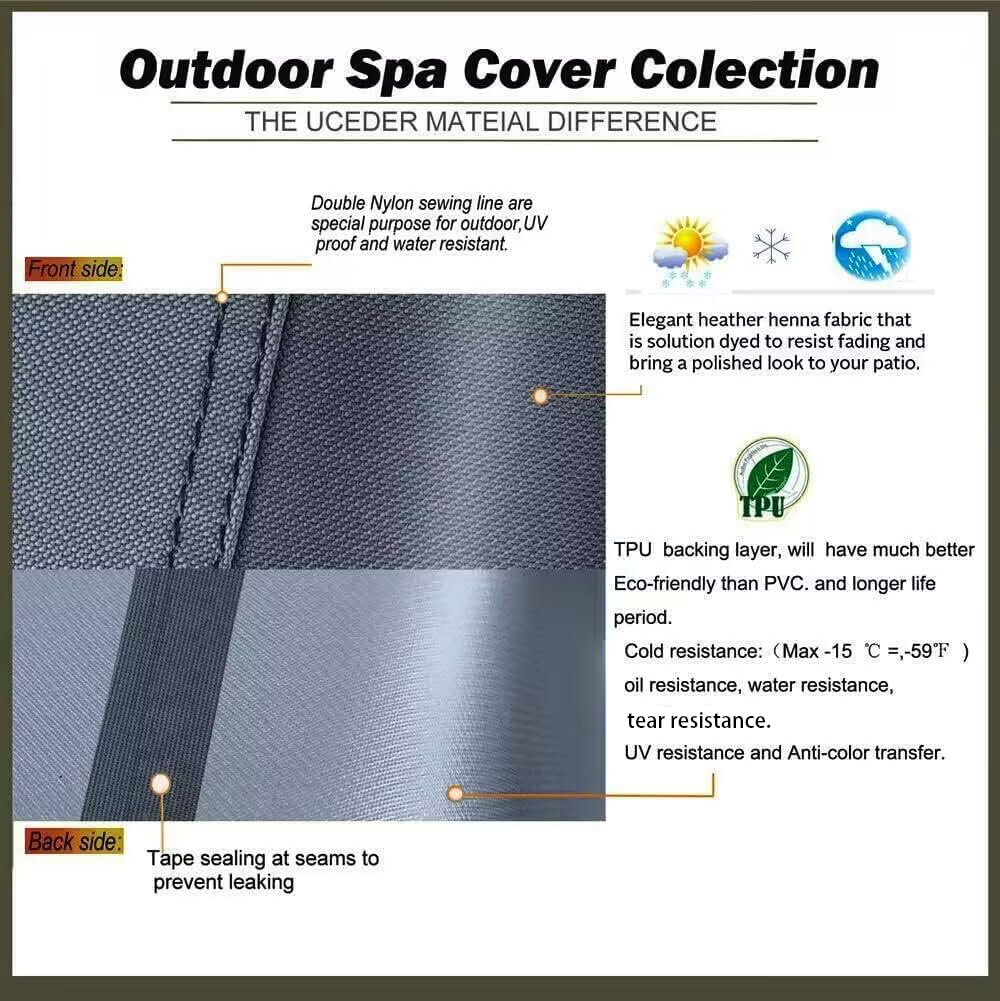 UCEDER Waterproof Hot Tub Cover -Outdoor Spa Cover Cap(Actual Size 93''x93 x20'' Fit 91''x91 x 20'') 600D Heavy Duty Polyester Hot Tub Cover Protector(Dark Gray)