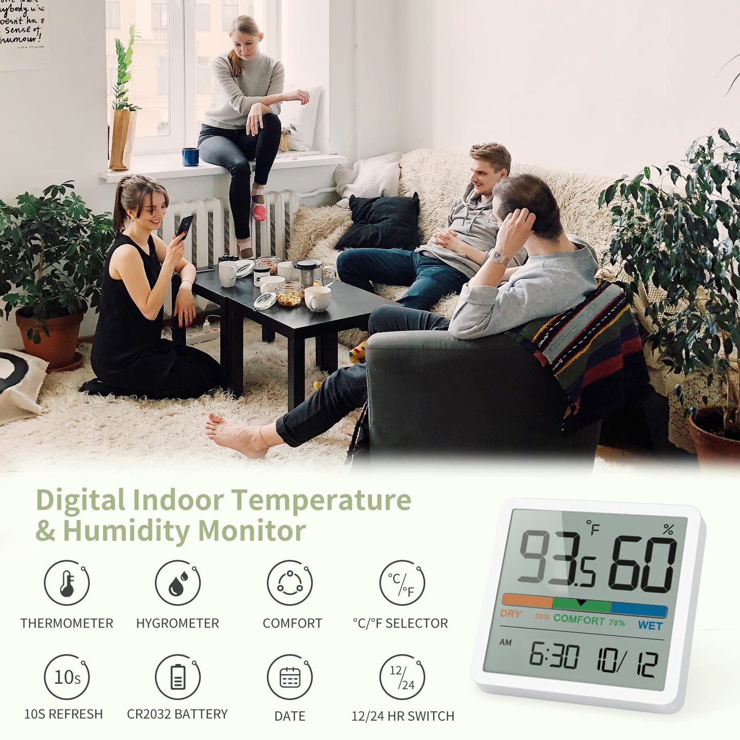 NOKLEAD Hygrometer Indoor Thermometer, Desktop Digital Thermometer with Temperature and Humidity Monitor, Accurate Humidity Gauge Room Thermometer with Clock (White)