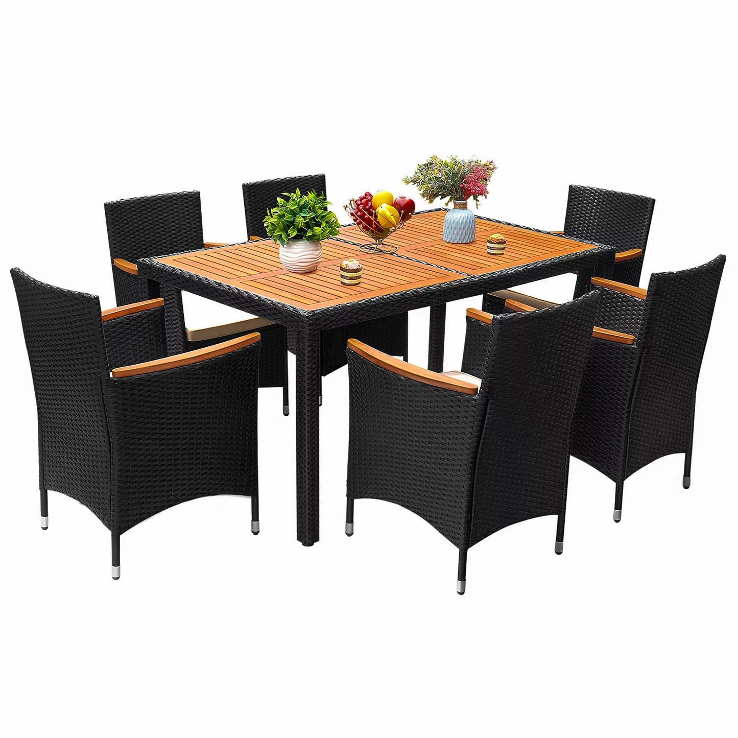 Flamaker 7 Piece Patio Dining Set Outdoor Acacia Wood Table and Chairs with Soft Cushions Wicker Patio Furniture for Deck, Backyard, Garden