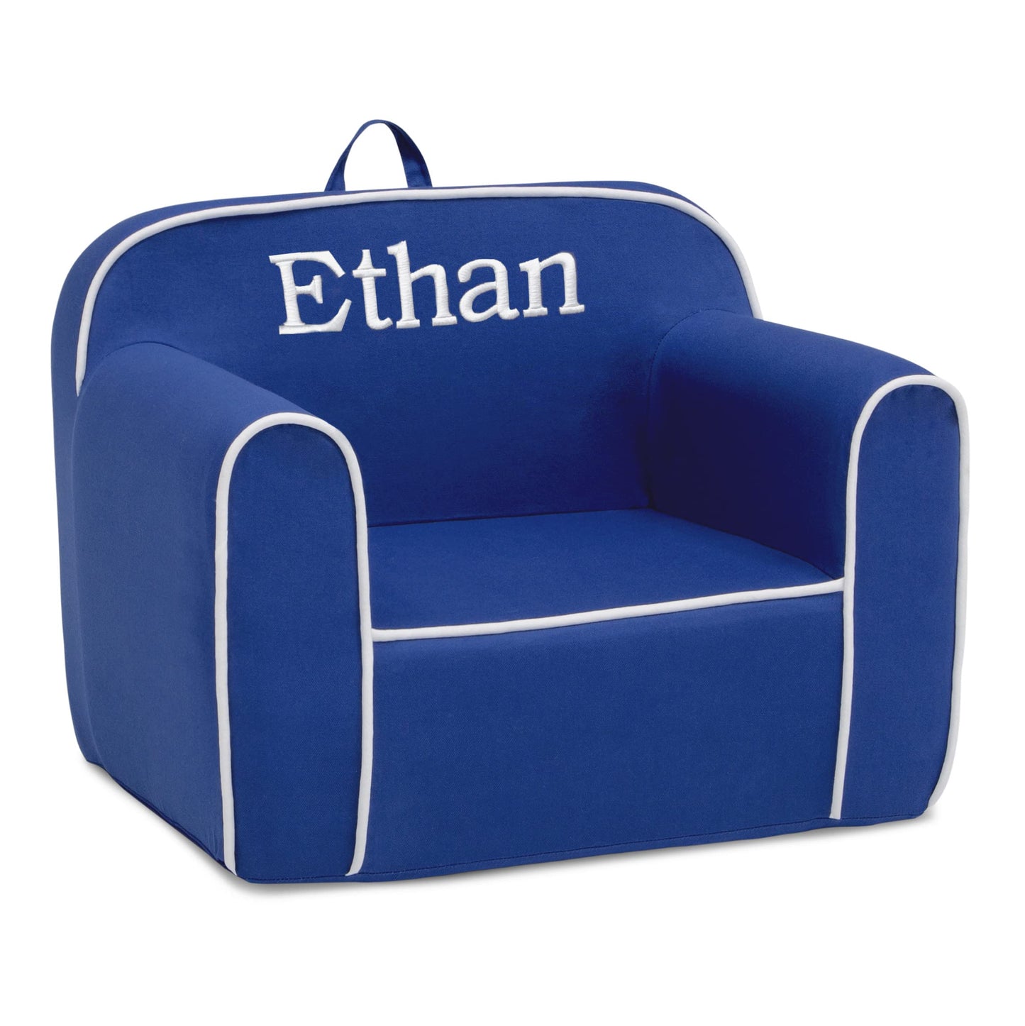 Delta Children Personalized Cozee Chair – Customize with Name – Foam Kids Chair for Ages 18 Months and Up, Blue/White