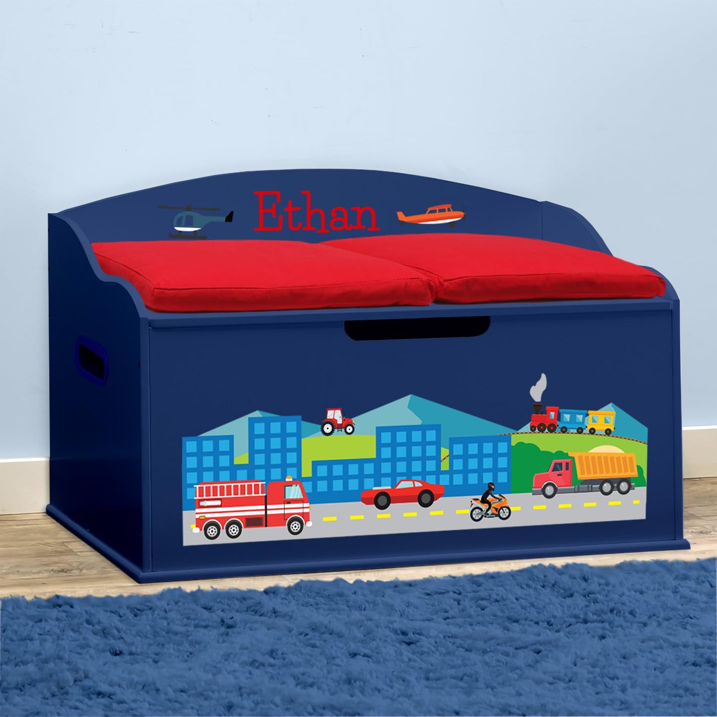 DIBSIES Personalized Creative Wonders Toy Box (Cars, Trucks, Planes, and Trains, Blue)