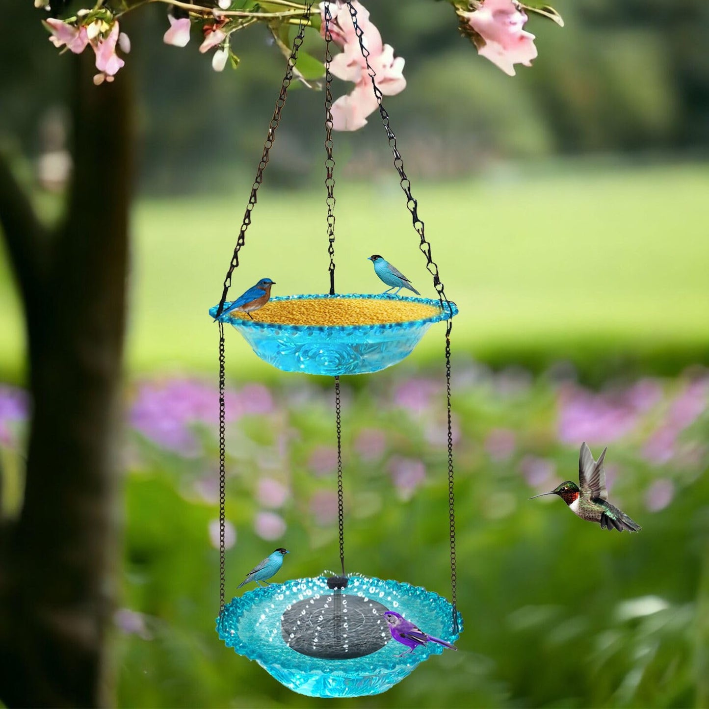 2 Layer Hanging Bird Bath for Outside, 9.25 Inch Metal Hanging Bird Baths for Outdoors 2 in 1 Bird Feeder for Backyard, Yard, Patio, Garden Decor (Purple)