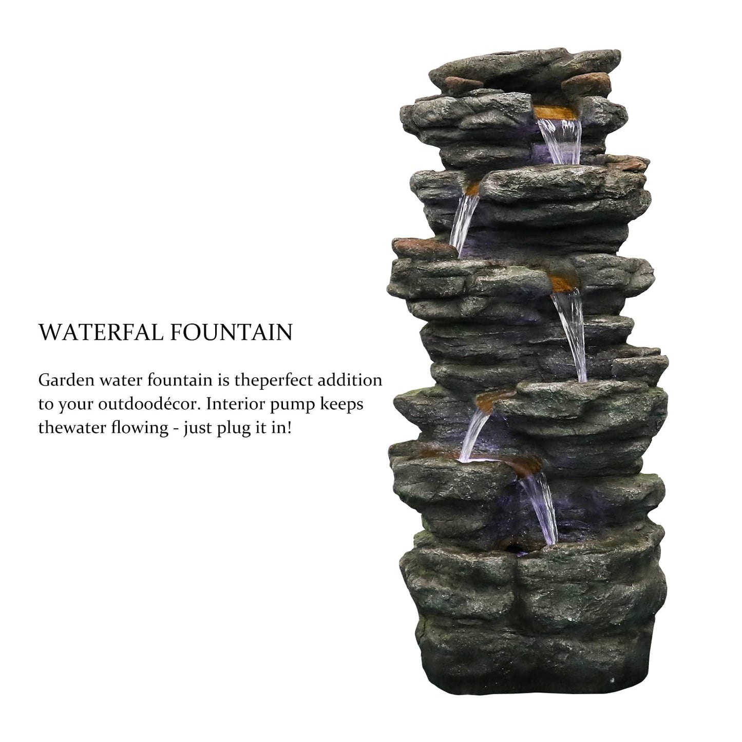 SunJet 40" High 6-Tiers Cascading Rock Outdoor Water Fountain with LED Lights - Large Outdoor Fountains and Waterfalls for Garden or Patio, Yard, and Deck Decor, Featuring Natural Stone Look