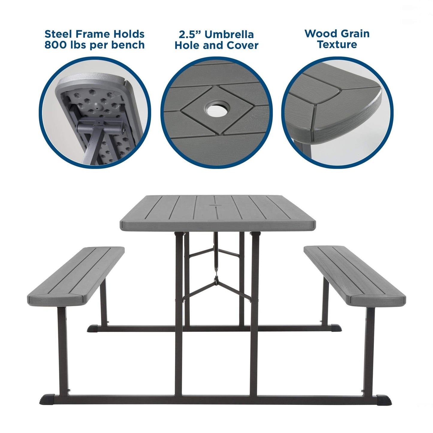 COSCO Outdoor Living 6 ft. Folding Picnic Table, Dark Gray Wood Grain Resin with Gray Steel Legs