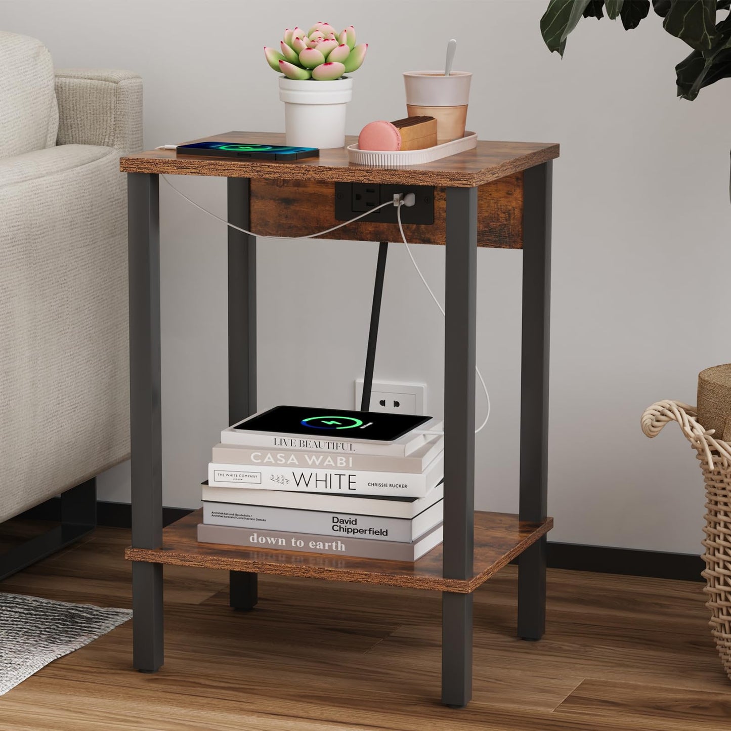 VIMBER Set of 2 End Table with Charging Station, Narrow Side Table with USB Ports and Outlets, Nightstands with 2-Tier Storage Shelves, Sofa Table for Small Space Living Room Bedroom