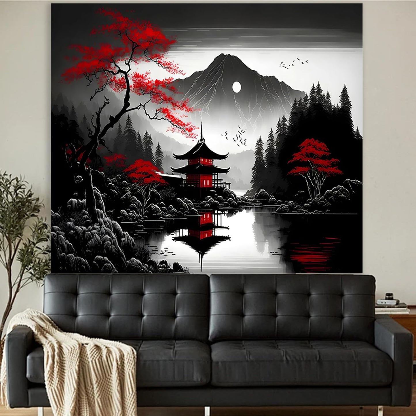 Mountain Forest Tapestry for Bedroom, Black and White Nature Moon Landscape Wall Hanging, Tree Sunset Dark Large Tapestries Aesthetic Art Decor for Living Room College Dorm Home (51x60 Inches)