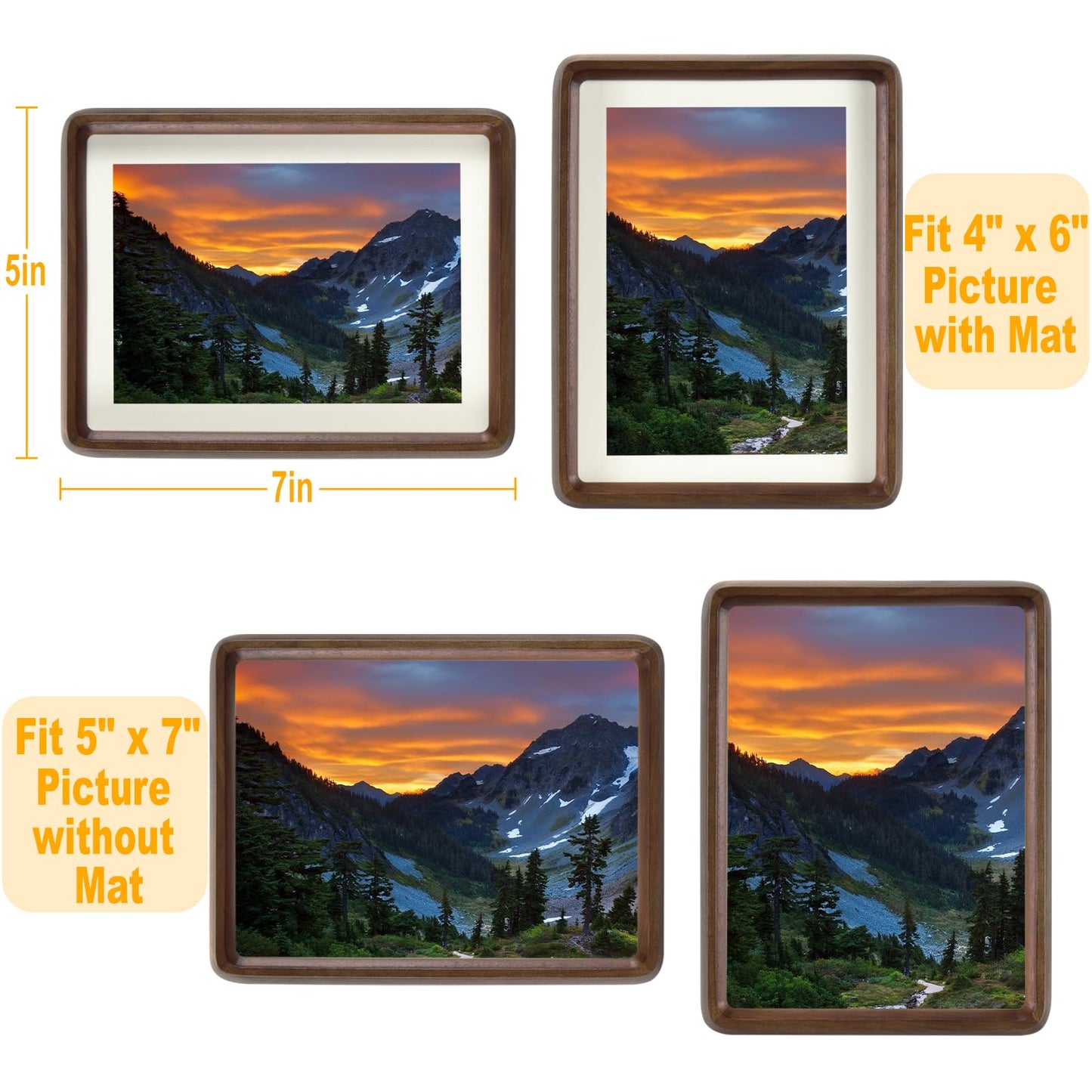 HELPLEX 5x7 Picture Frame Set of 2, Display Picture 4x6 with Mat or 5x7 Without Mat, Made of Natural Walnut Wood, HD Tempered Glass, Vertical or Horizontal Display for Tabletop and Wall