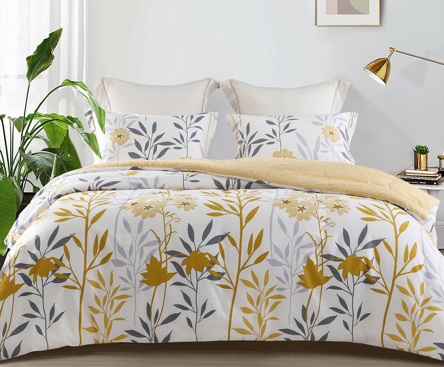 SLEEPBELLA Cotton Queen Size Comforter, 600 Thread Count Cotton Grey Branch with Yellow Flower & Grey Leaves Pattern Comforter Set,Down Alternative Bedding Set 3Pcs(Queen, Yellow Botanical)