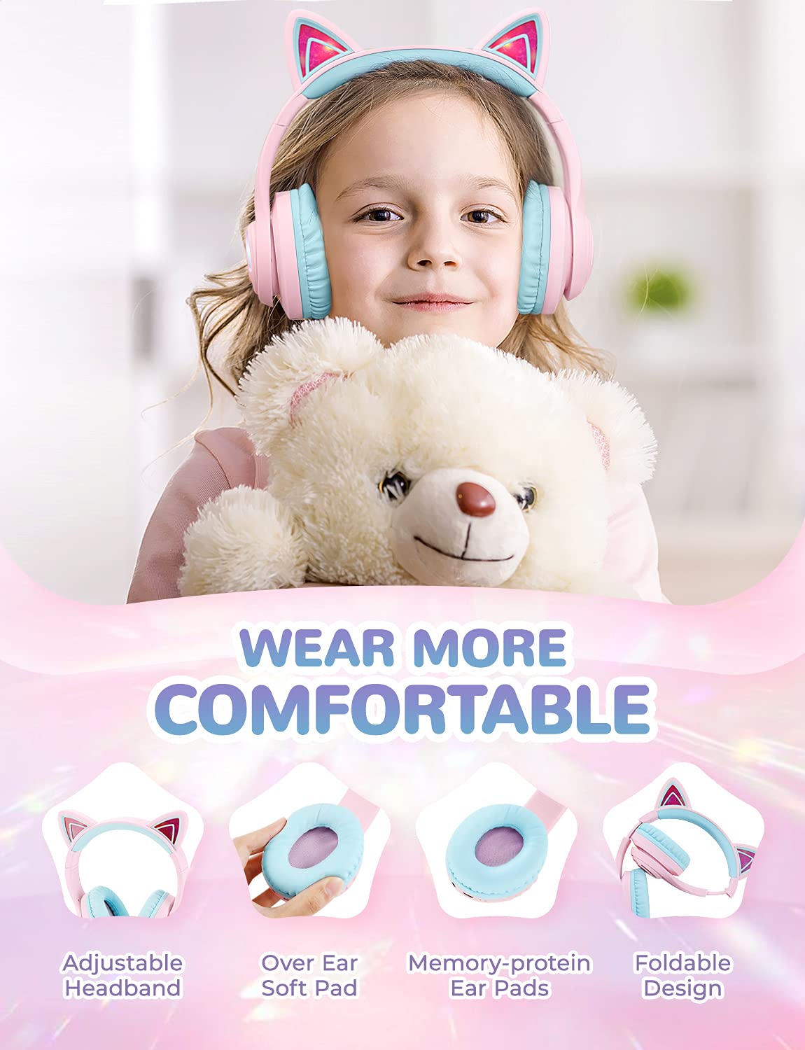 iClever Cat Ear Kids Bluetooth Headphones, LED Lights Up, 74/85dBA Safe Volume Limited, 50H Playtime,Bluetooth 5.2, USB C, Kids Headphones Wireless for Travel iPad Tablet, Meow Macaron Pink