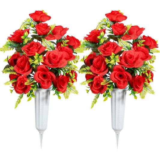 XONOR Artificial Cemetery Flowers with Vase, Set of 2 Artificial Rose Bouquet Graveyard Memorial Flowers for Cemetery Headstones Decoration (Red-2Pcs)