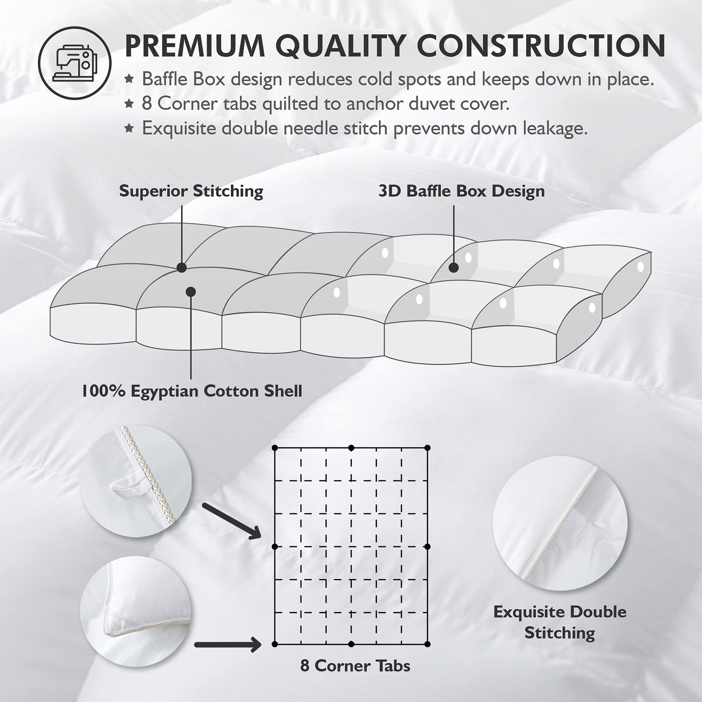 Luxurious Oversize California King 108" x 98" Size Goose Down Fiber Waterfowl Feather Fiber Comforter Duvet, 100% Egyptian Cotton Cover, 68 oz. Fill Weight, Baffle Box Design, White Solid