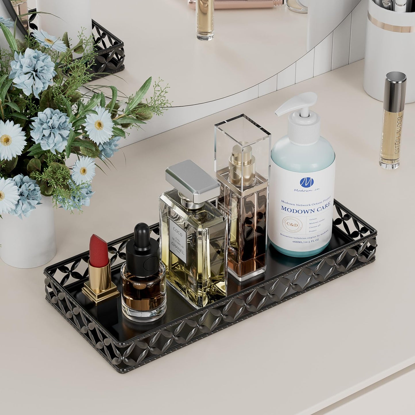 EKNITEY Vanity Tray for Bathroom Counter - Small Rectangle Decorative Tray 11 Inch Black Batroom Countertop Tray Organizer for Perfume Makeup Cosmetic Jewelry