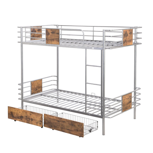 LUKEEHOM Metal Bunk Bed Twin XL Over Twin XL Twin Bunk Beds Twin Size Bed with 2 Storage Drawers and MDF Board Guardrail, No Box Spring Needed, Silver