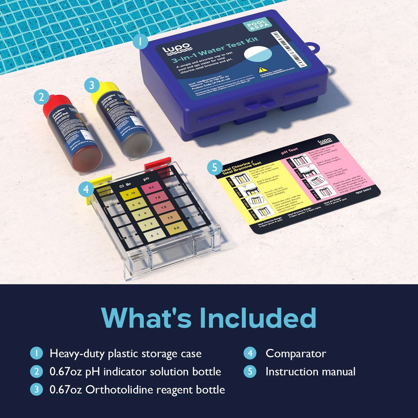 Lupo 3-in-1 Pool Test Kit | Pool Testing Kit for Residential Swimming Pools & Spas for Testing Total Chlorine, Total Bromine & pH | Chemical Test Kit for Quick & Accurate at-Home Pool Water Testing