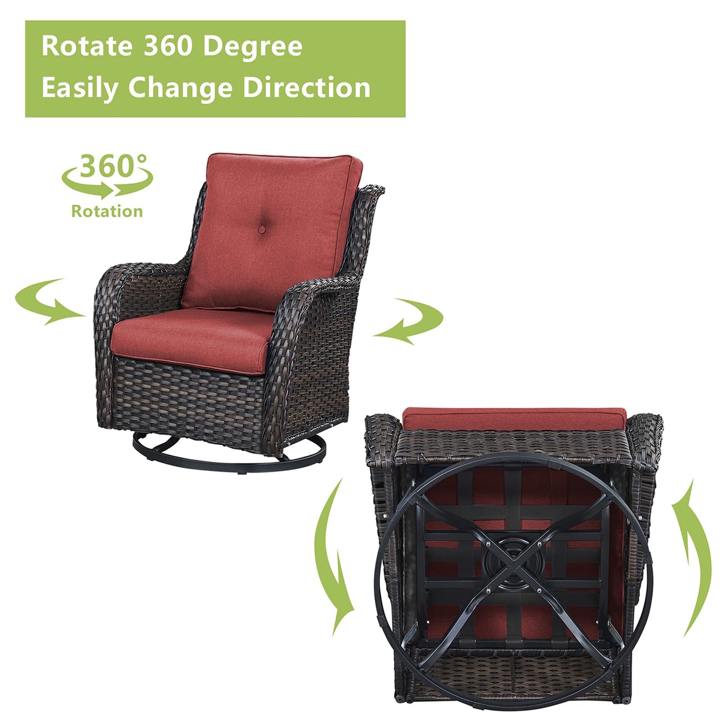 Rilyson Patio Chairs Rocking Swivel Chiar - 2 Piece Outdoor Wicker Furniture Chairs Set Rattan Rocker Chairs with High Back and Deep Seating for Outside Porch Deck Garden(Brown/Red)