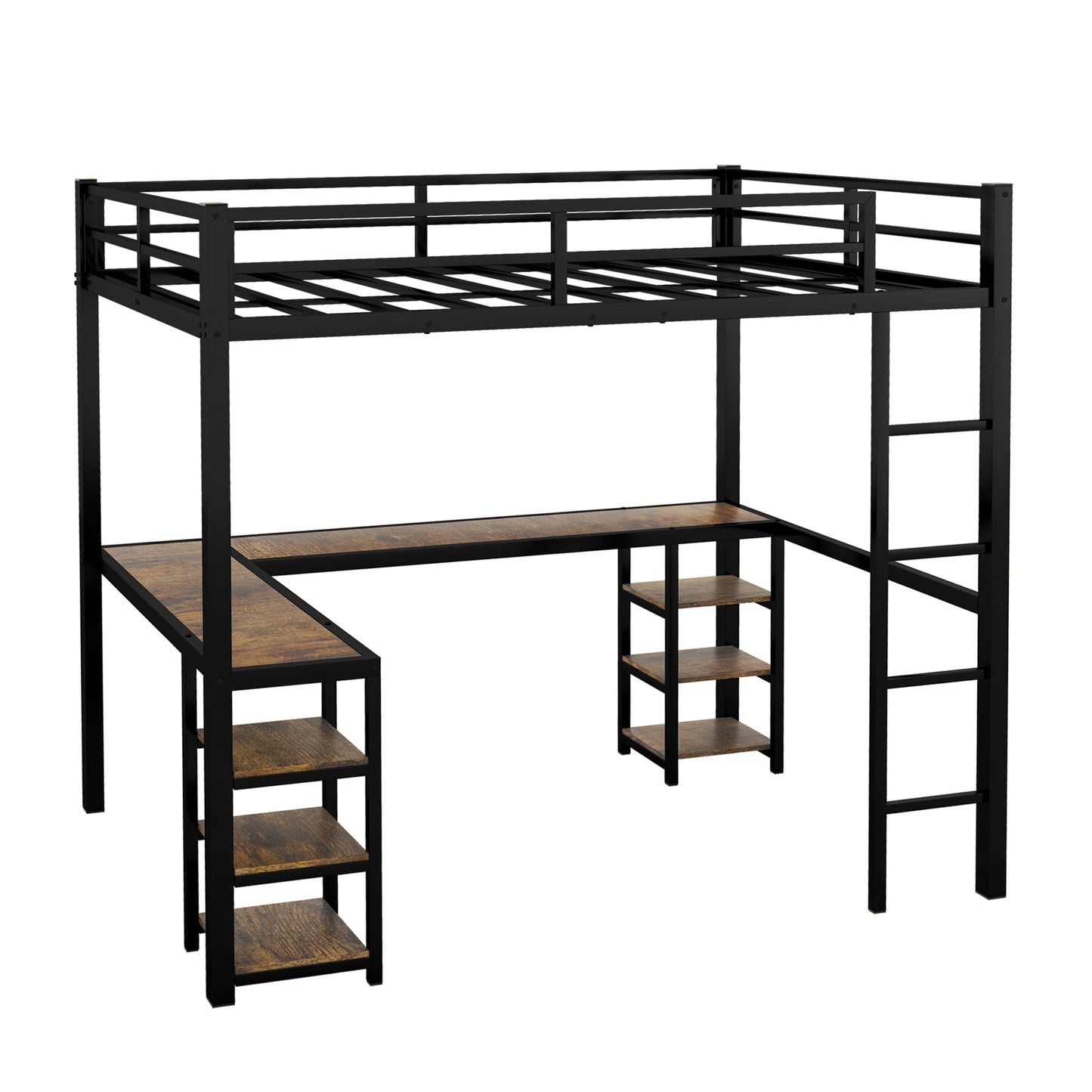 Twin XL Loft Bed with Desk and Storage Shelves, Heavy Duty Loft Bed with Black Desk, Ladder and Guardrail, Twin XL Loft Bed for Kids, Teens(Twin XL Black)