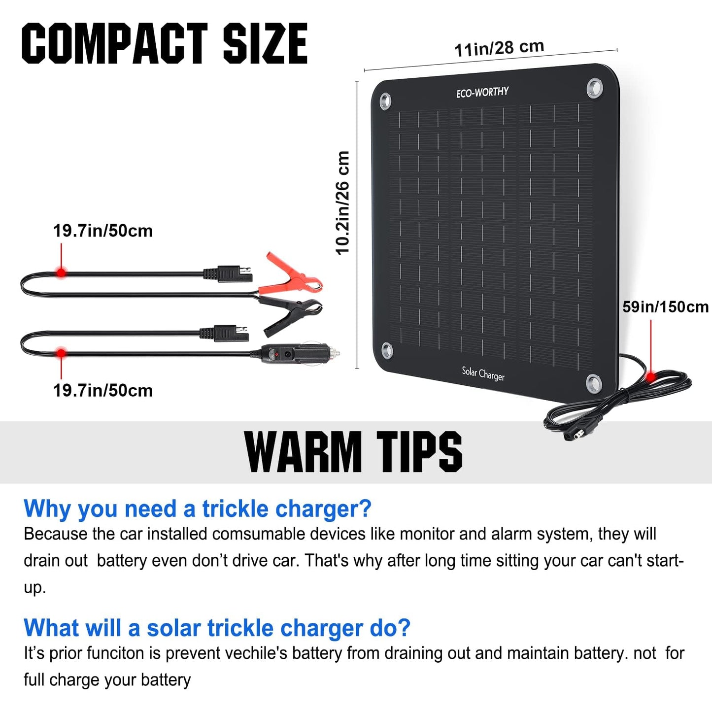 ECO-WORTHY 10W Solar Car Battery Charger Maintainer 12V Waterproof Solar Panel Portable Solar Trickle Charger for Car Truck Boat Lawn Mower RV Trailer Tractor ATV Utility Vehicle Battery