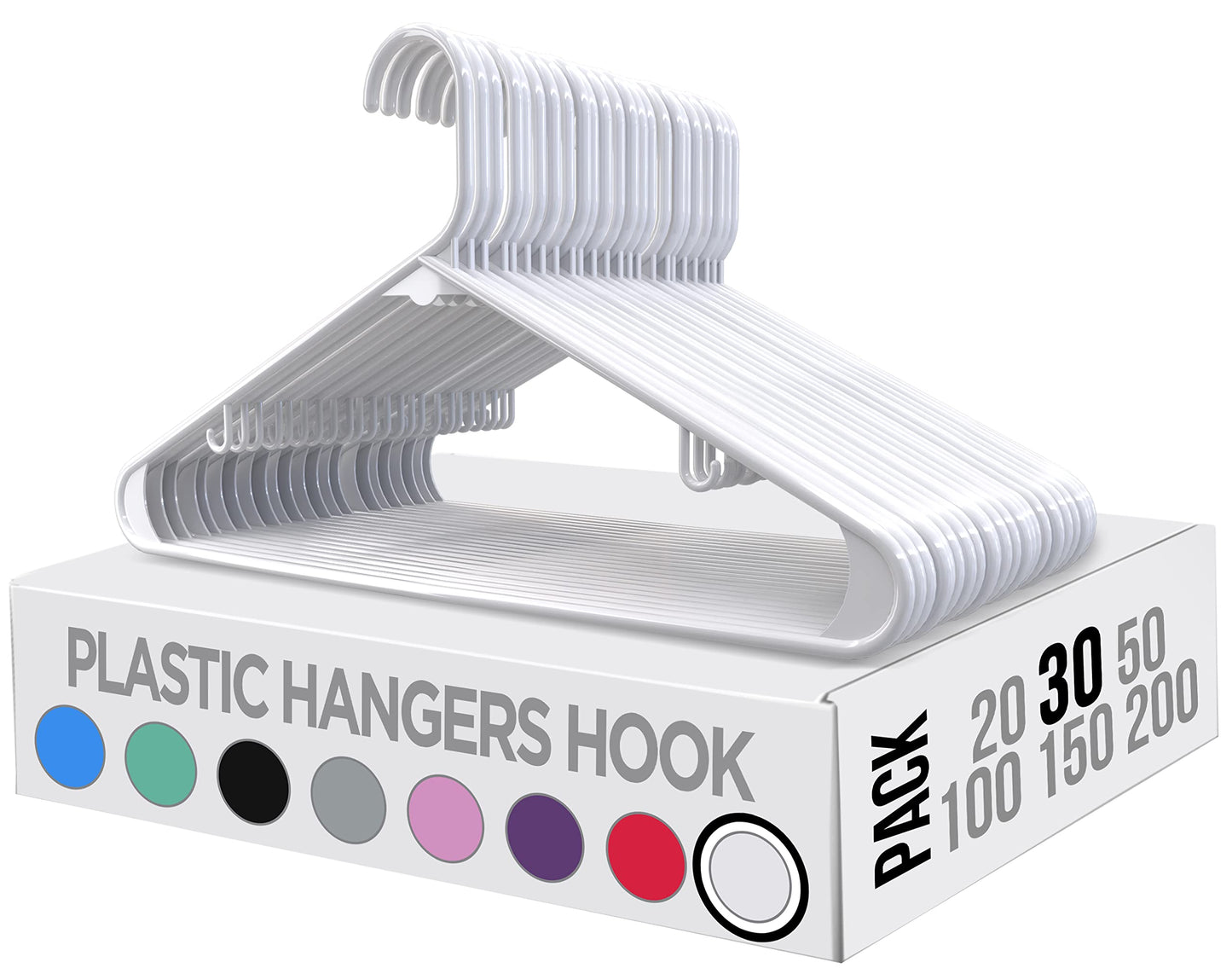 Utopia Home Plastic Hangers 30 Pack - Clothes Hanger with Hooks - Durable & Space Saving Coat Hanger - Heavy Duty White Hangers - Skirt Hangers