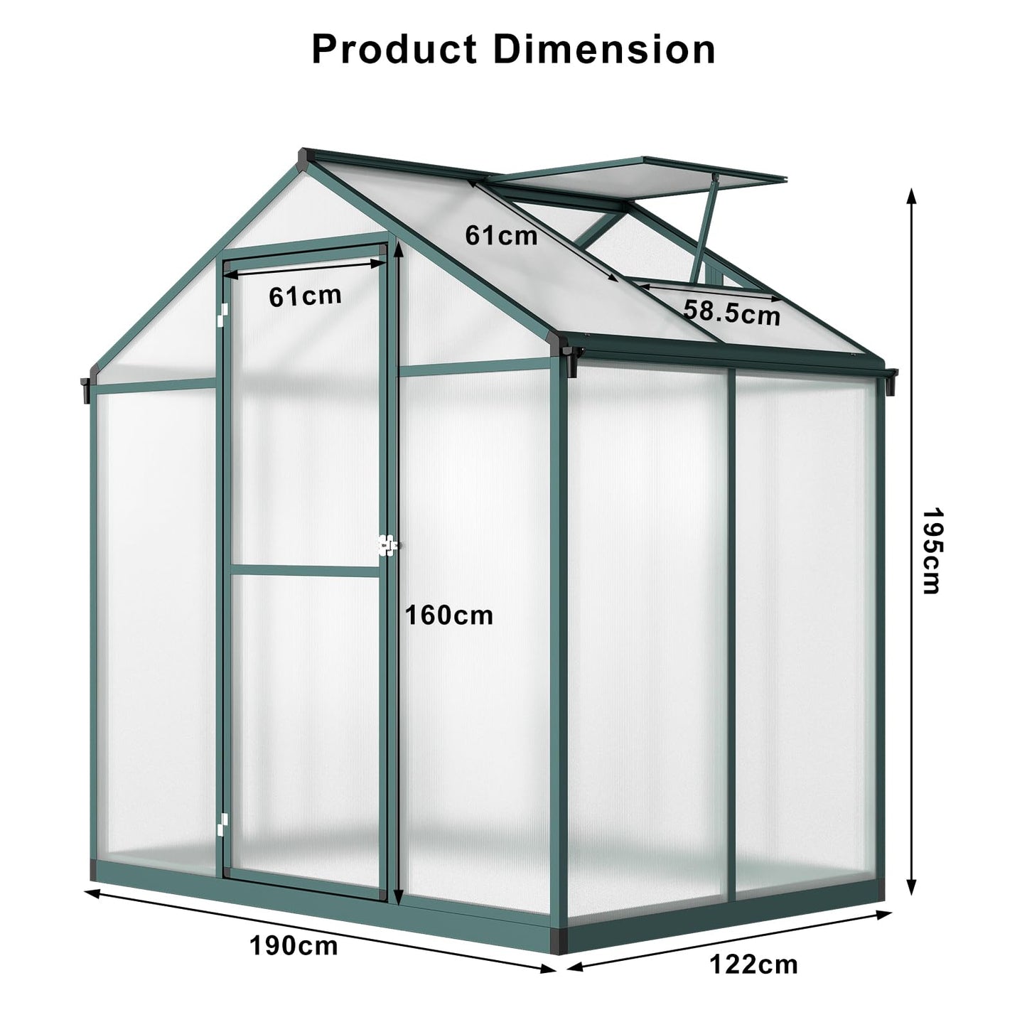 6x4 FT Greenhouse for Outdoors, Polycarbonate Greenhouse with Quick Setup Structure and Roof Vent, Aluminum Large Walk-in Greenhouse for Outside Garden Backyard, Green