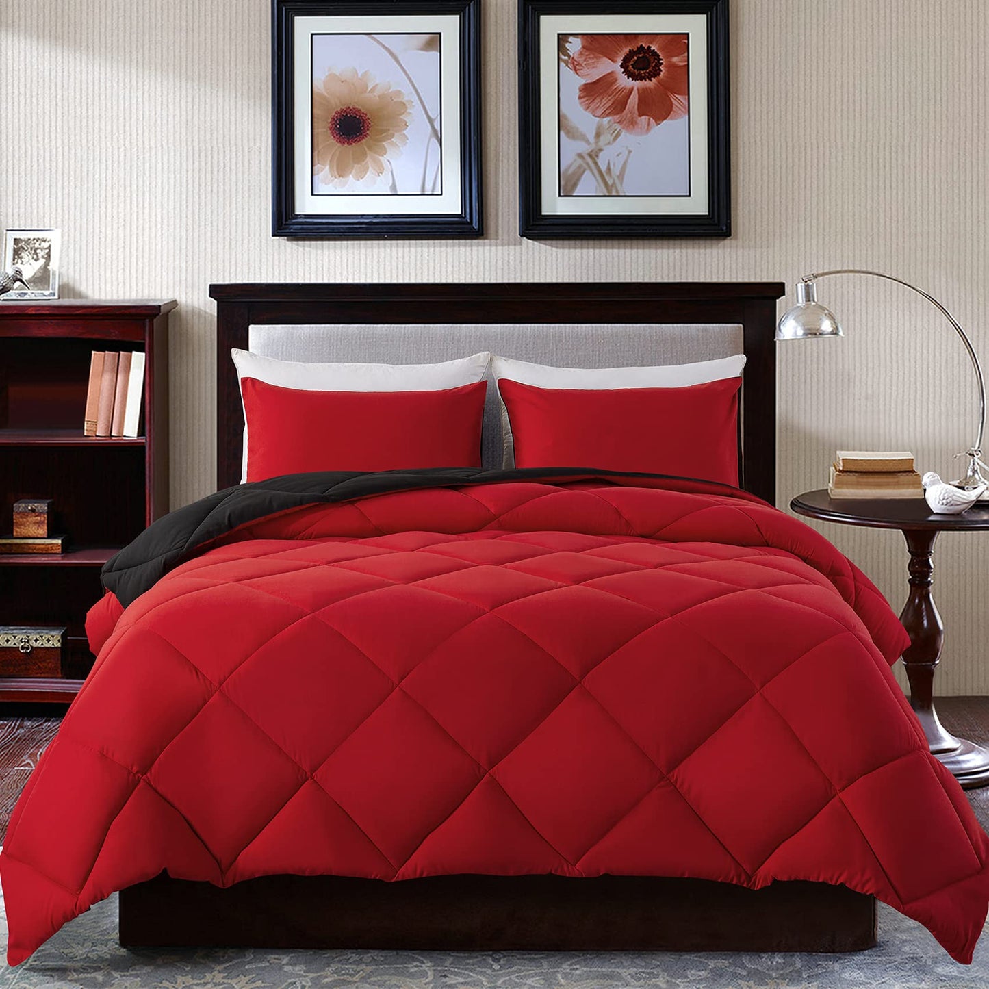 Decroom Lightweight California King Comforter Set with 2 Pillow Sham - 3 Pieces Set - Quilted Down Alternative Comforter/Duvet Insert for All Season - Red/Black - Cal King Size