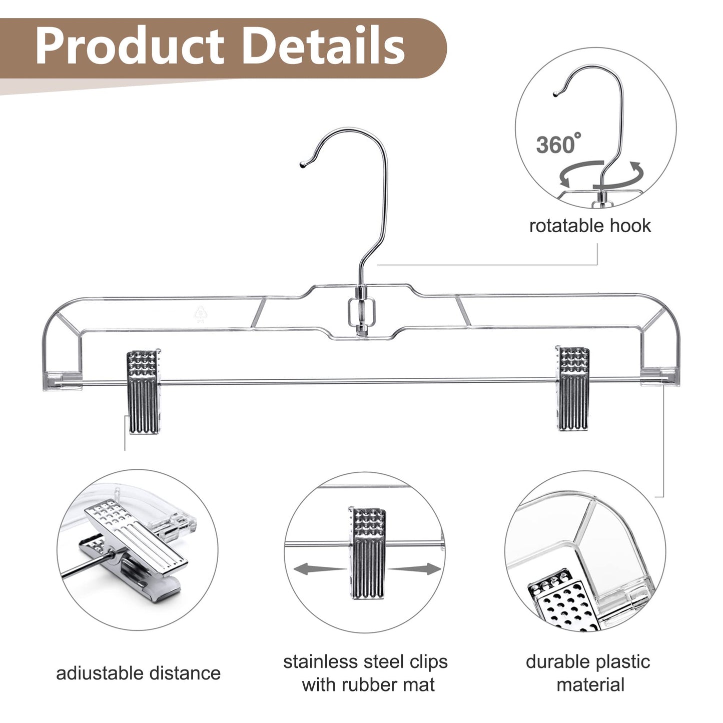 HOUSE DAY 12 Pack 14 inch Clear Plastic Skirt Hangers with Adjustable Clips, Pants Hangers 360-Rotating Swivel Hook, Clip Hangers for Pants, Trousers, Skirts, Jeans, Bulk Plastic Hangers