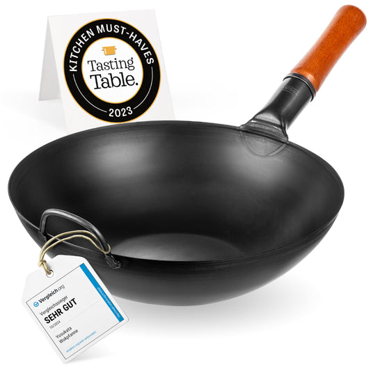 YOSUKATA Carbon Steel Wok Pan – 13,5 “ Stir Fry Pans - Chinese Wok with Flat Bottom Pow Wok - Traditional Japanese Woks - Black Carbon Steel