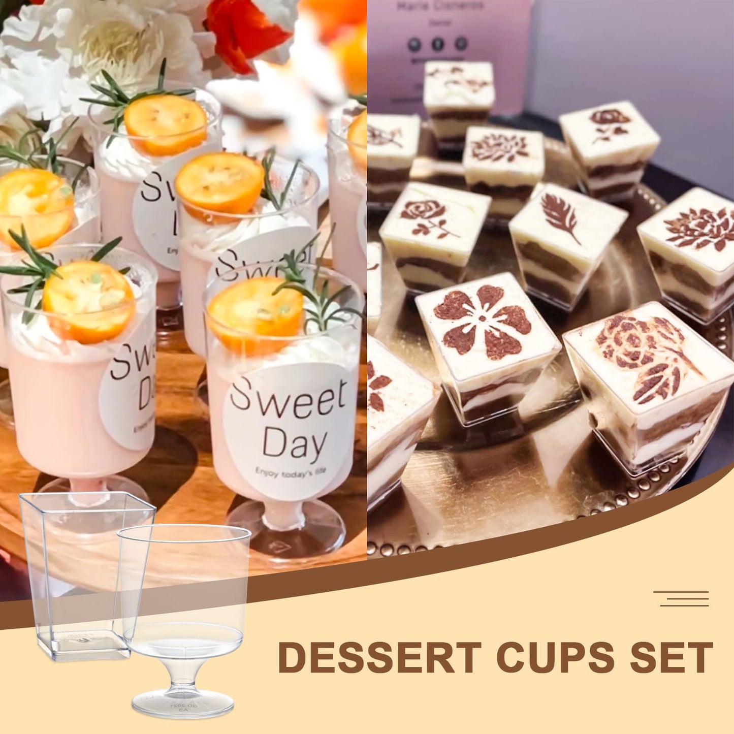 mwellewm 300 Packs Dessert Cups with Spoons, 5 OZ Mini Clear Plastic Dessert Parfait Cup for Party, Square Dessert Shot Glasse Round Goblet Small Reusable Fruit Ice Cream Pudding Appetizer Cup Bowls