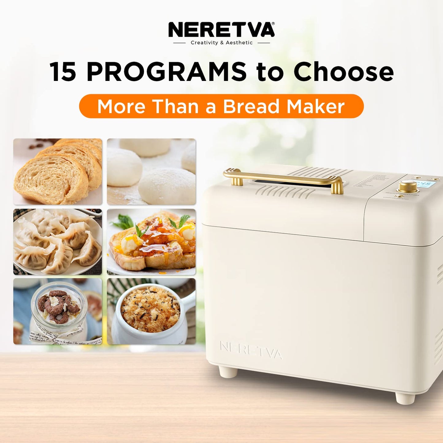 Neretva Bread Maker Machine, 15-in-1 2LB Automatic Breadmaker with Gluten Free Sourdough Setting, Auto Nut Dispenser (Beige)